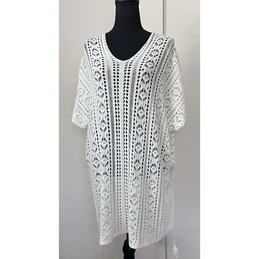 Women Open Knit Crochet Lace up Sides Boho Festival Hippie Swim Cover‎ Up Cream